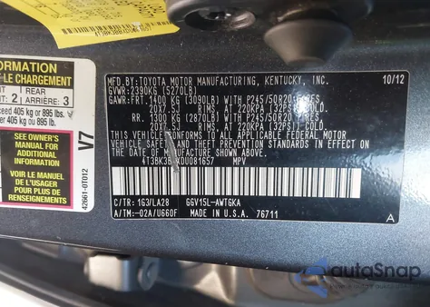 2013 Toyota Venza Limited V6 из США, поврежденный, VIN 4T3BK3BBXDU081657